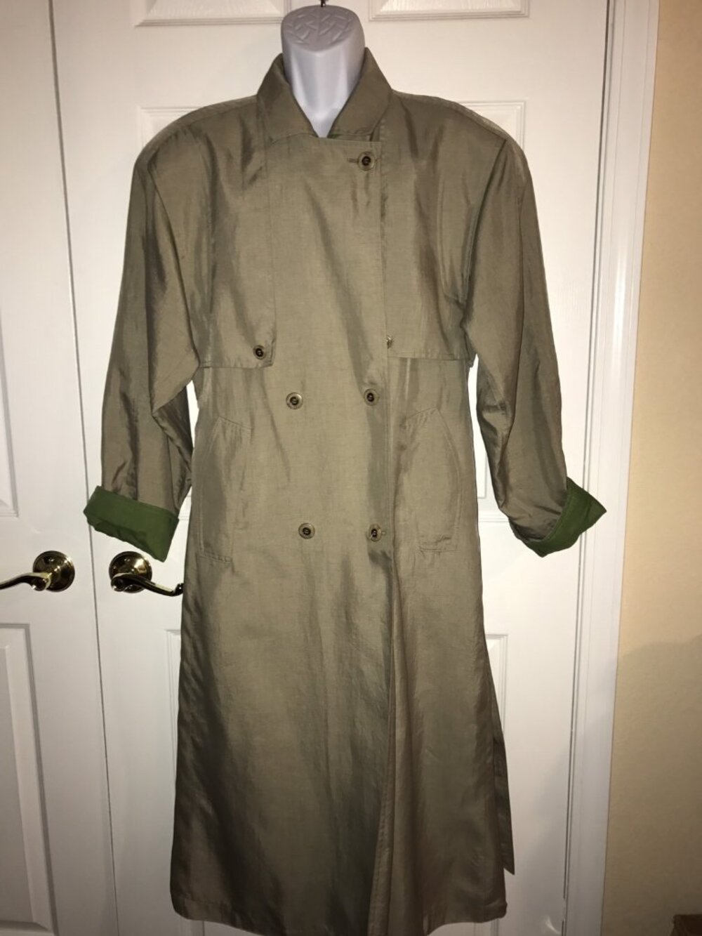 VTG British Mist Sz 7/8 Spring Outerwear Trench Coat Light Green Belted Lined